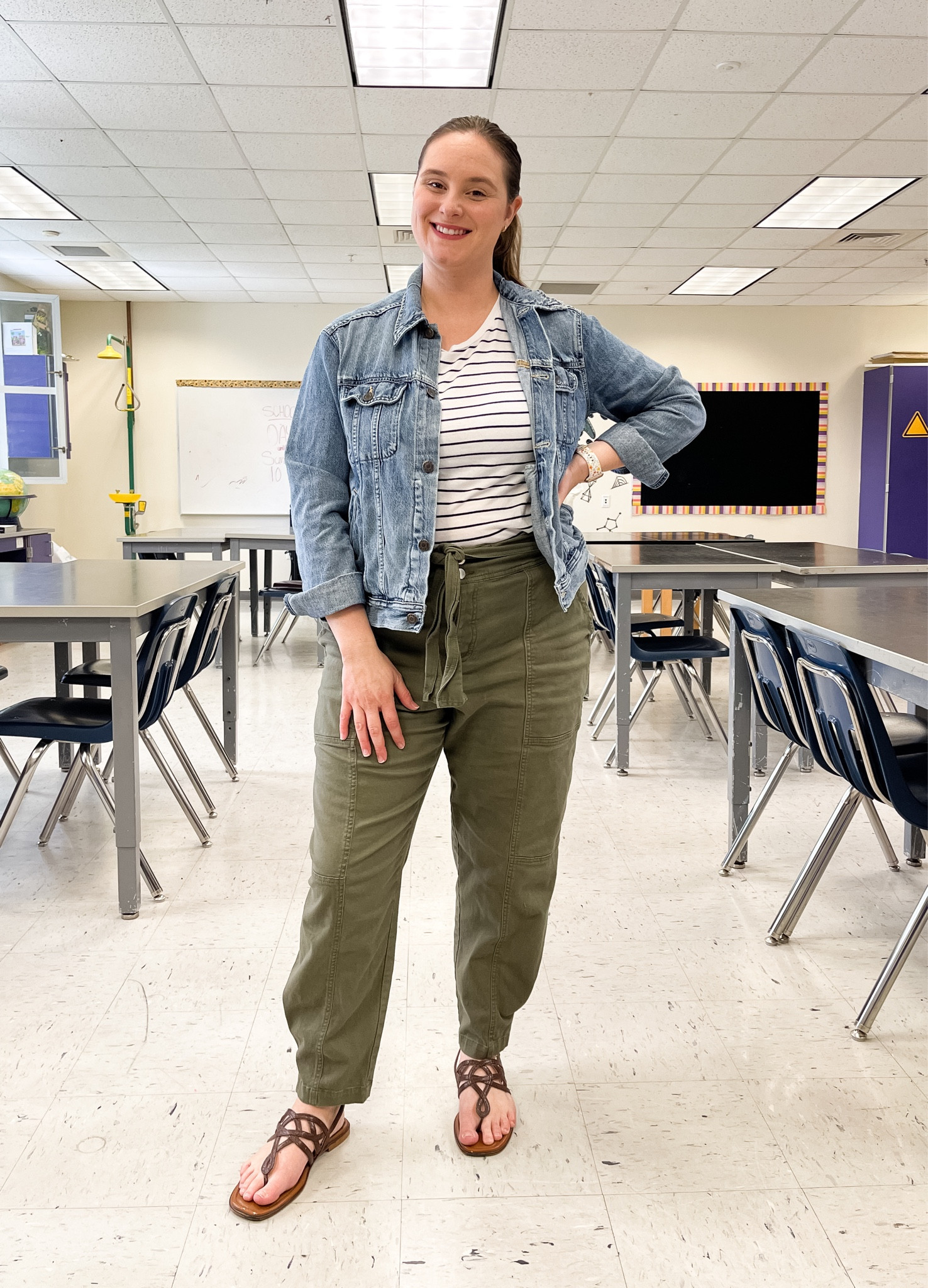 Denim jacket, striped shirt, and olive paper bag pants

#LTKWorkwear #LTKStyleTip #LTKMidsize
