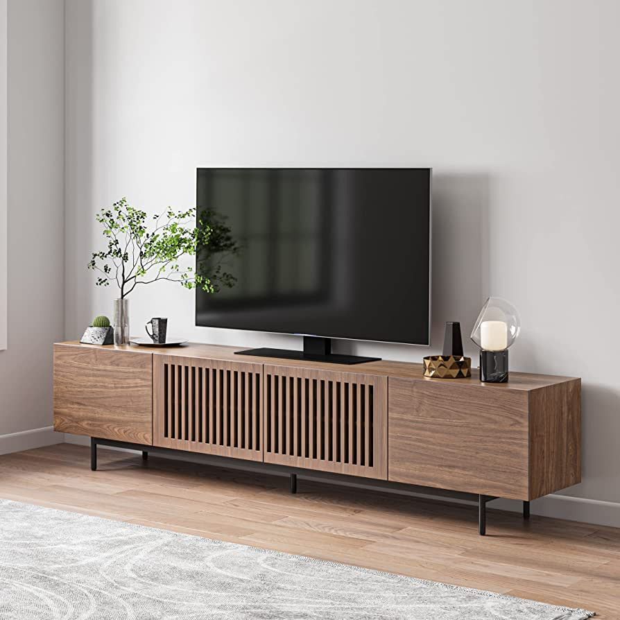 POVISON Modern Solid Wood TV Stand, Farmhouse Entertainment Center for 80 85+ Inch TV, Slatted Me... | Amazon (US)