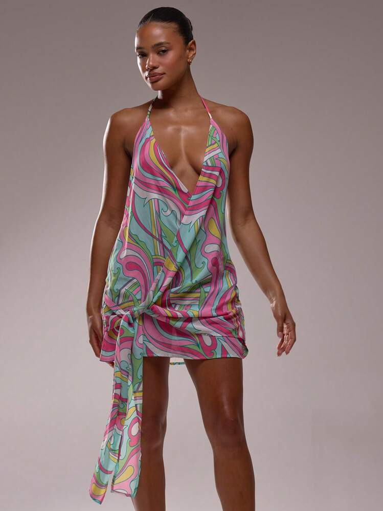 MUSERA Halterneck Plunge V Front Floral Print Drape Detail Loose Fit Mini Dress Spring Summer Birthday Vacation Elegant Cute Sexy Boho Ibiza Festival Wedding Guest Beach Holiday Party Summer Outfit Carvinal | SHEIN