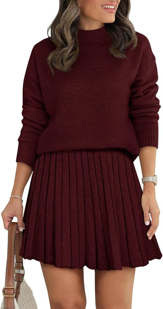 Women's Two Piece Outfits Turtleneck Long Sleeve Ribbed Knit Tops Pleated Mini Skirt 2025 Casual ... | Amazon (US)