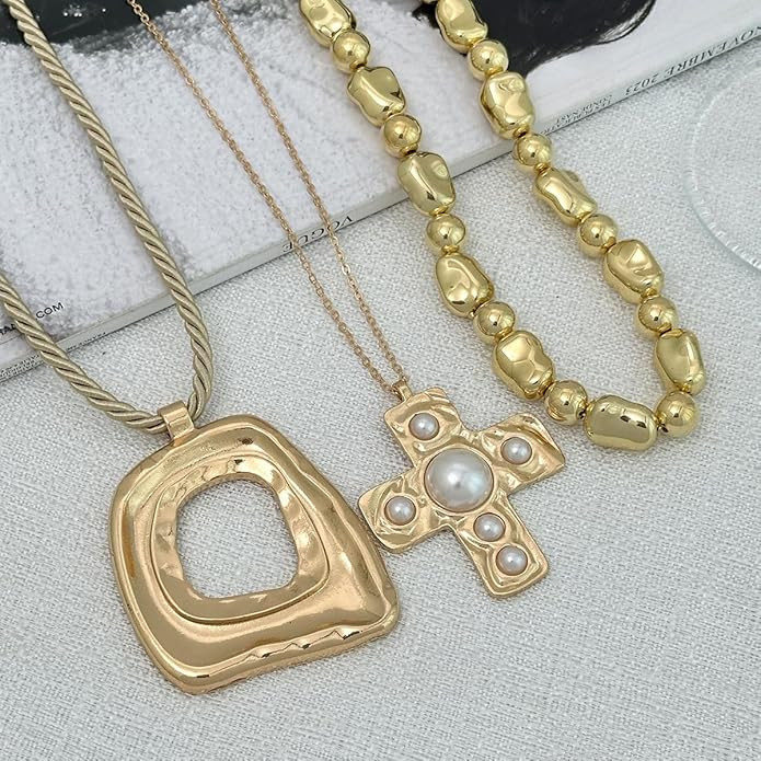 Layered Gold Chunky Cross Necklace For Women Stacked Gold Irregular Geometric Square Pendant Neck... | Amazon (US)