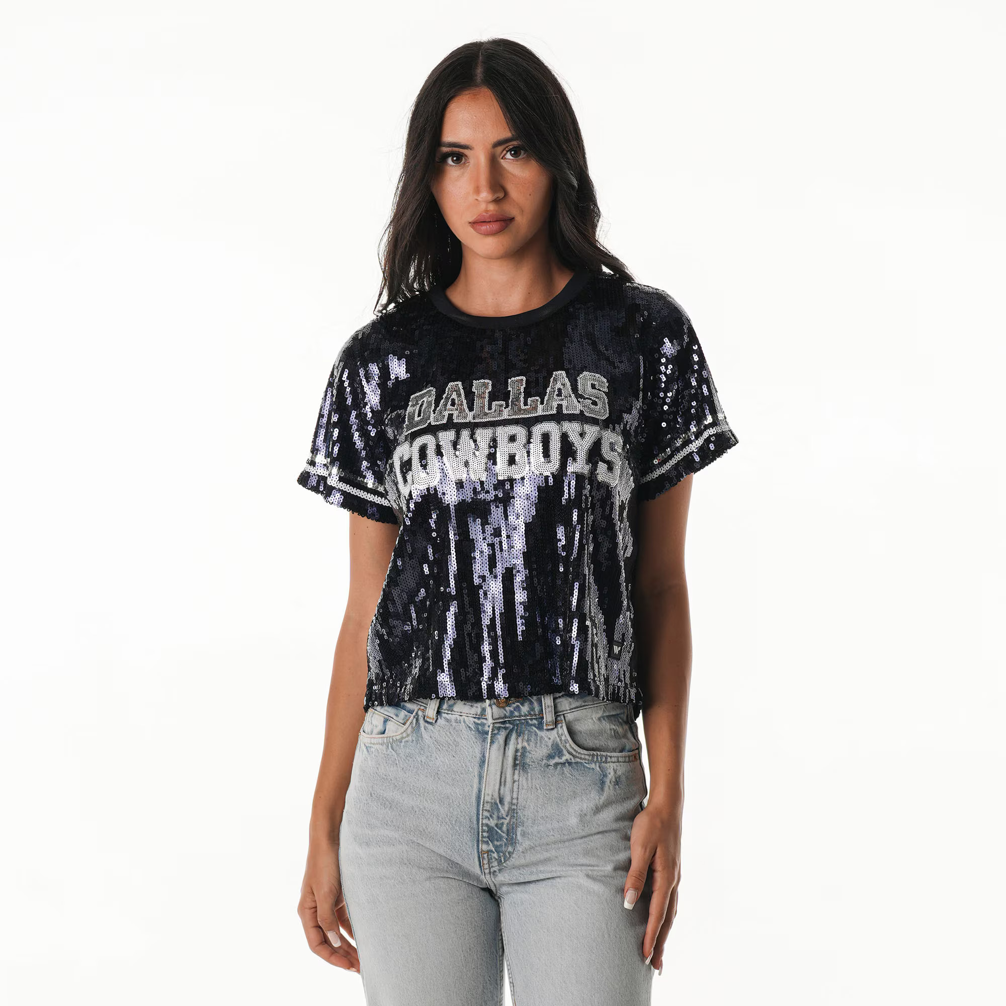 Women's Dallas Cowboys The Wild Collective Navy Practice Sequin Cropped T-Shirt | NFL Shop