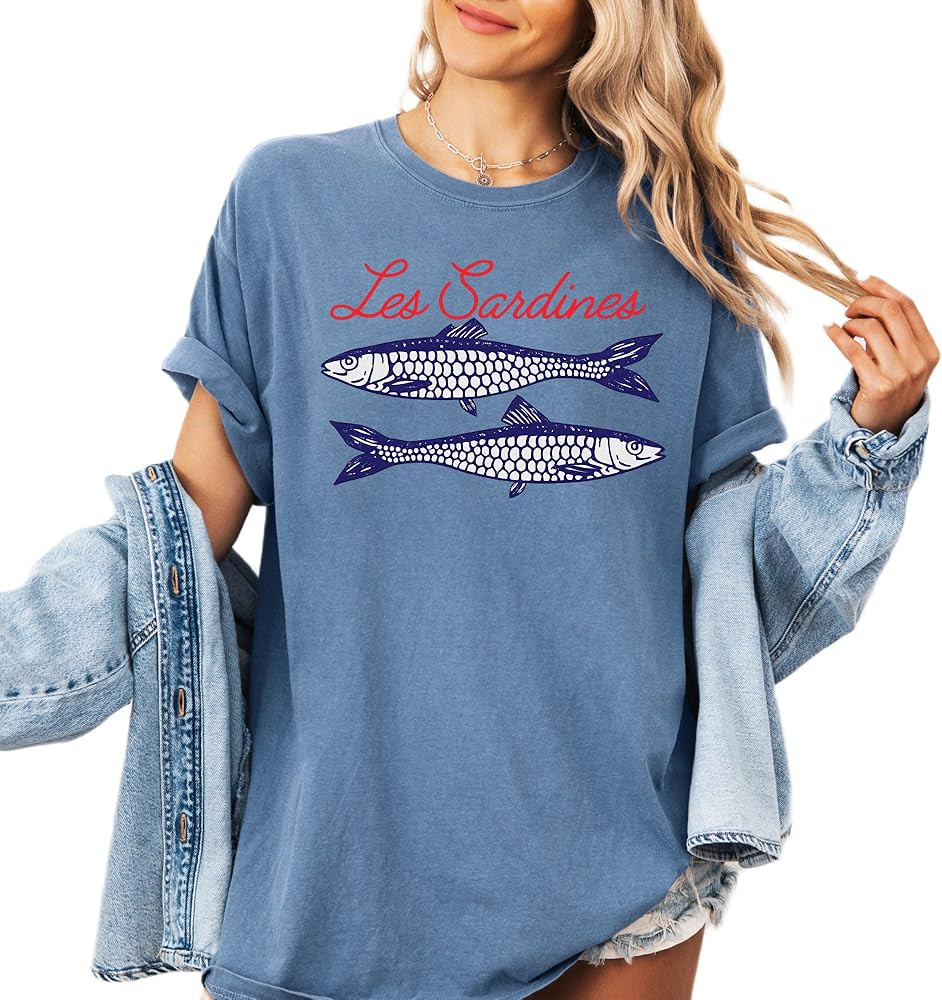 Les Sardines Graphic Summer Unisex T-Shirt Vintage Fish Coastal Style Tee | Amazon (US)
