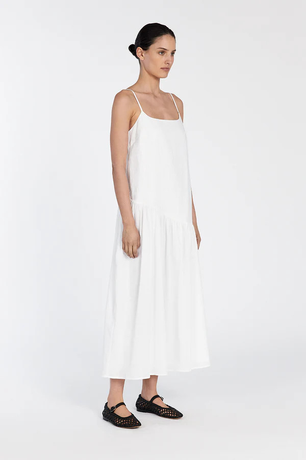 NOAH WHITE LINEN ASYM MIDI DRESS | DISSH