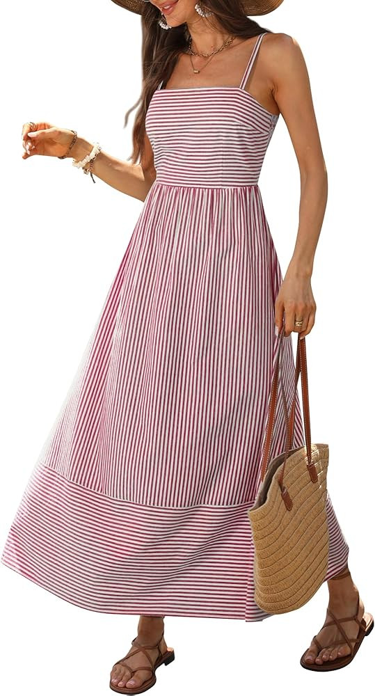 Caracilia Womens Maxi Dresses Gingham Spaghetti Strap Back Smocked Flowy Long Sundress Summer Bea... | Amazon (US)