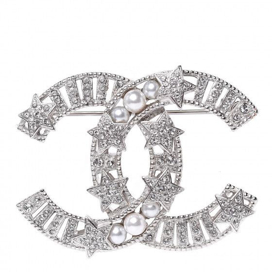 CHANEL Crystal Pearl CC Star Coco Flapper Brooch Silver | Fashionphile