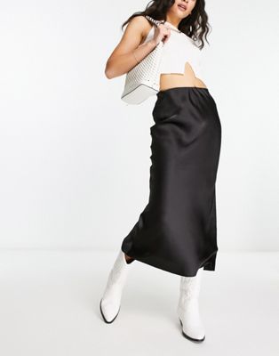 ASOS DESIGN longer length satin bias midi skirt in black | ASOS (Global)