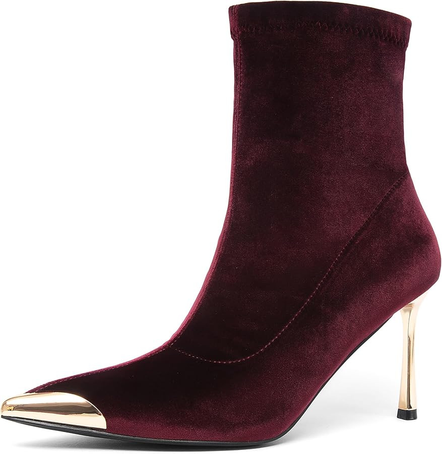 NEWBELLA Women's Ankle Boots Pointed Toe Stiletto Heel Metal Cap Toe Booties for Party Club | Amazon (US)