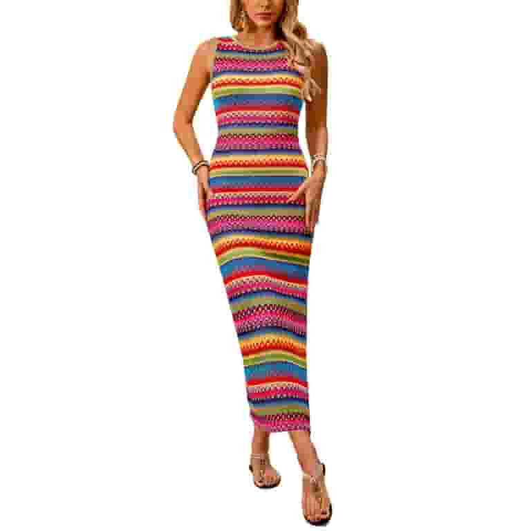 PRETTYGARDEN Womens Summer Sleeveless Tank Dress Crew Neck Striped Side Slit Bodycon Casual Maxi ... | Walmart (US)