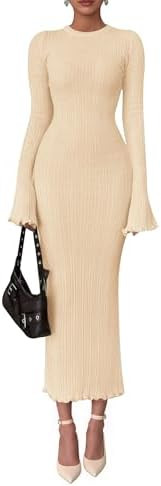 PRETTYGARDEN Sweater Dresses for Women 2026 Fall Bell Long Sleeve Crew Neck Bodycon Maxi Dress Wi... | Amazon (US)