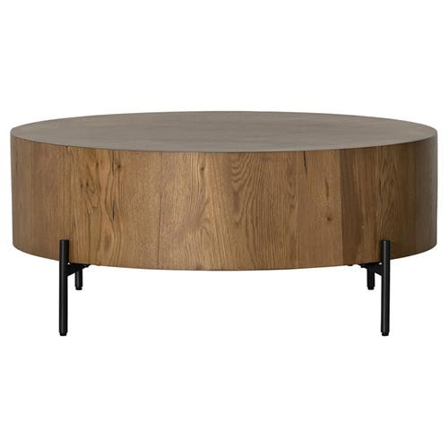 Alina Rustic Lodge Dark Brown Oak Wood Black Iron Base Round Coffee Table | Kathy Kuo Home