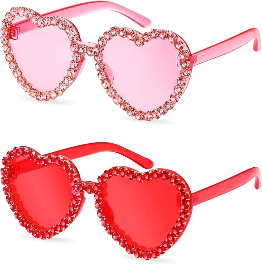 TOODOO 2 Pairs Rhinestone Heart Sunglasses Red Heart Shape Rimless Sunglasses for Women Transpare... | Amazon (US)
