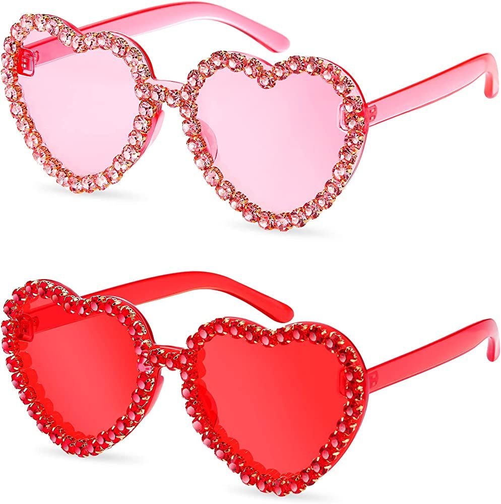 TOODOO 2 Pairs Rhinestone Heart Sunglasses Red Heart Shape Rimless Sunglasses for Women Transpare... | Amazon (US)