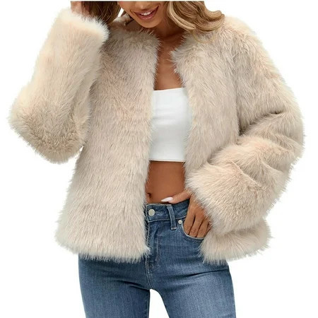Akafmk Womens Faux Furs Coats,Womens Winter Coats,Womens Ladies Warm Faux Furry Coat Jacket Winter Solid-neck Outerwear Front Open Jacket Outerwear | Walmart (US)