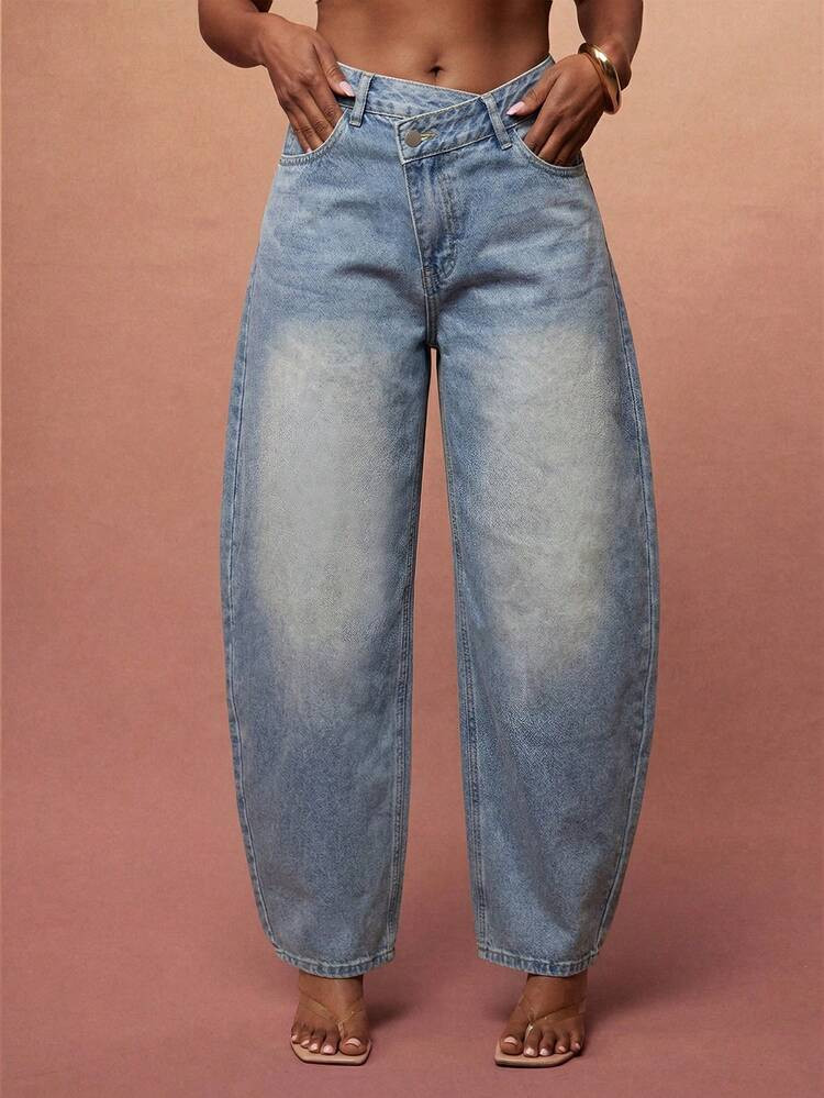 Vixey Light Wash Asymmetrical Waist Barrel Leg Jeans, Daily Easy To Style | SHEIN