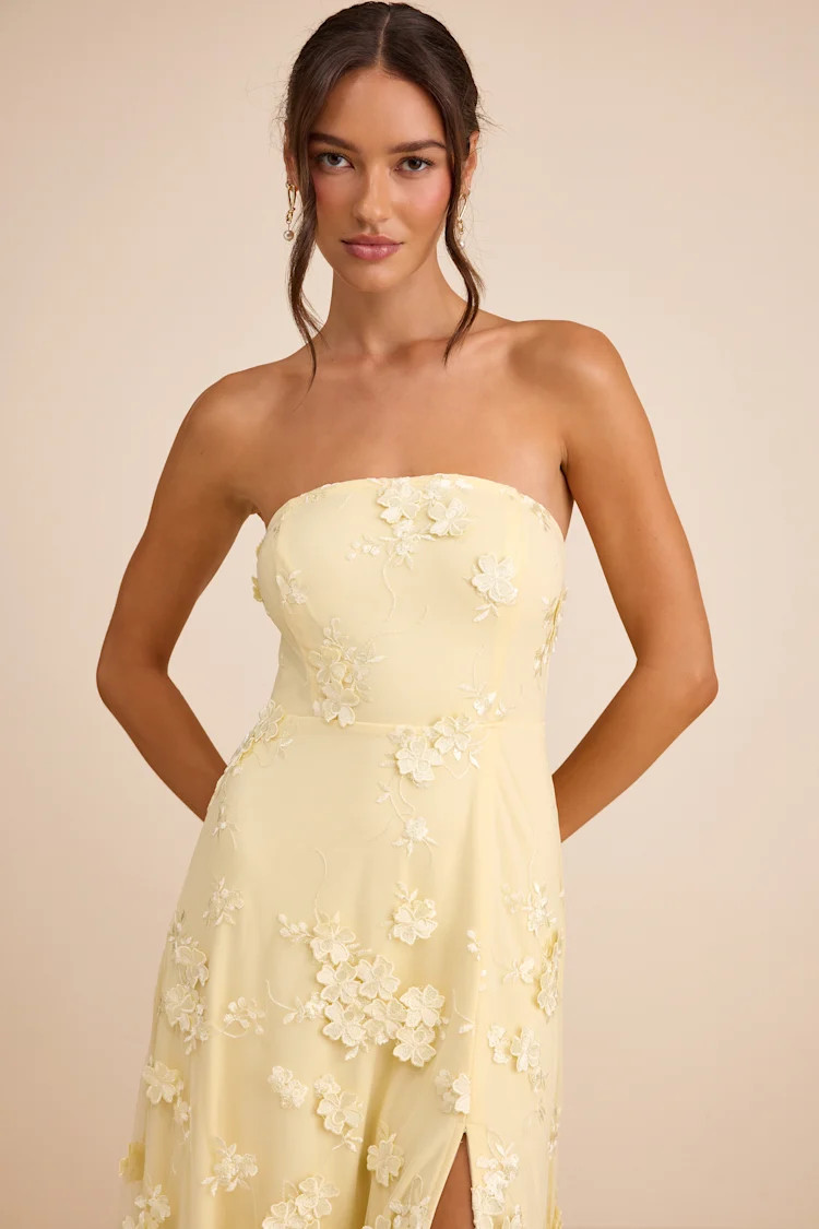 Rare Presence Light Yellow 3D Floral Embroidered Maxi Dress | Lulus