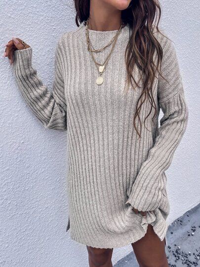 Drop Shoulder Slit Hem Sweater Dress | SHEIN