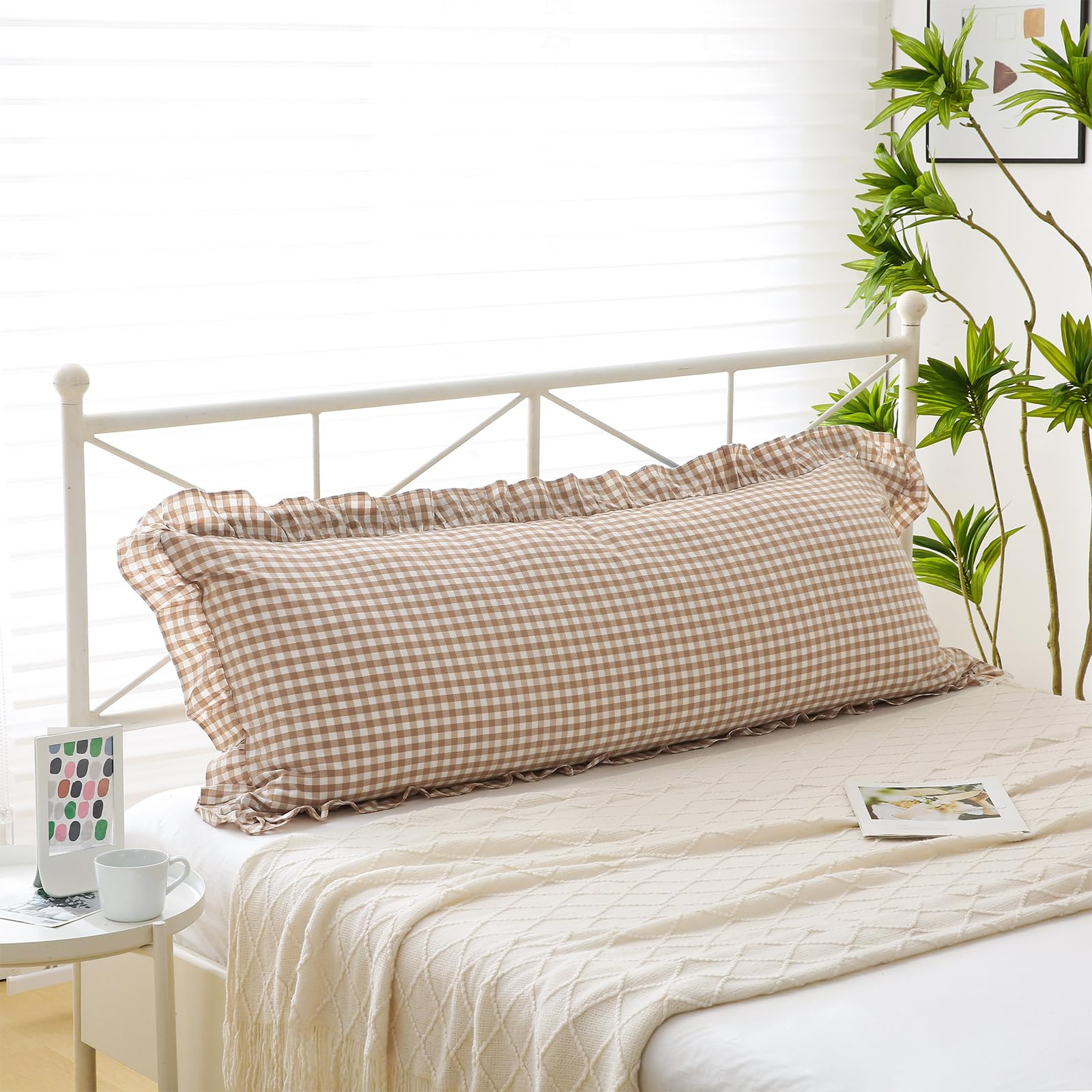 Taupe White Plaid Body Pillow Cover with Ruffles, 100% Washed Cotton Rustic French Country Vintag... | Amazon (US)