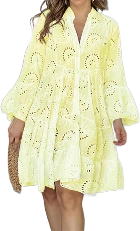 Women's Lace Short Dress Casual V Neck Long Sleeve Eyelet Buttons Beach Plus Size Mini Dress Sund... | Amazon (US)