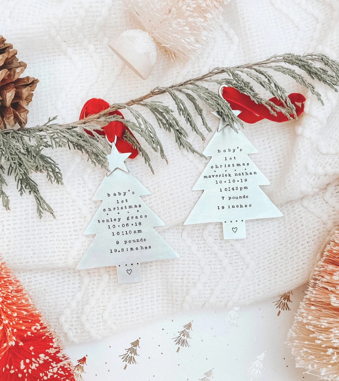 Personalized Baby's First Christmas Ornament: Hand Stamped Silver Tree - Etsy | Etsy (US)