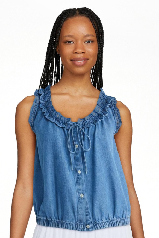 Free Assembly Eyelet Ruffle Sleeveless Chambray Top, Sizes XS-XL | Walmart (US)