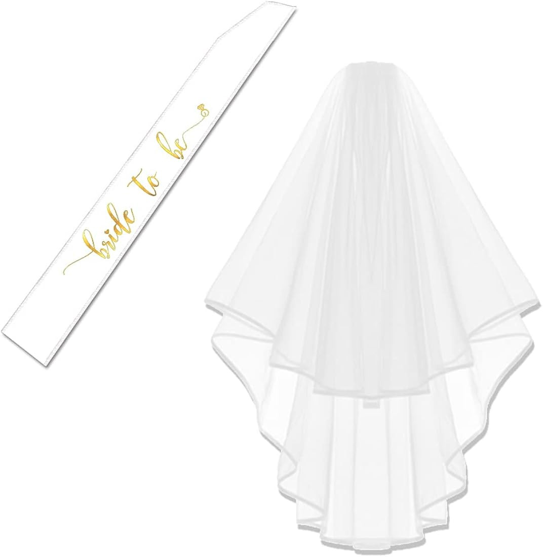 KUNG FU PARTY Bachelorette White Double Ribbon Edge Center Cascade Bridal Wedding Veil with Comb ... | Amazon (US)