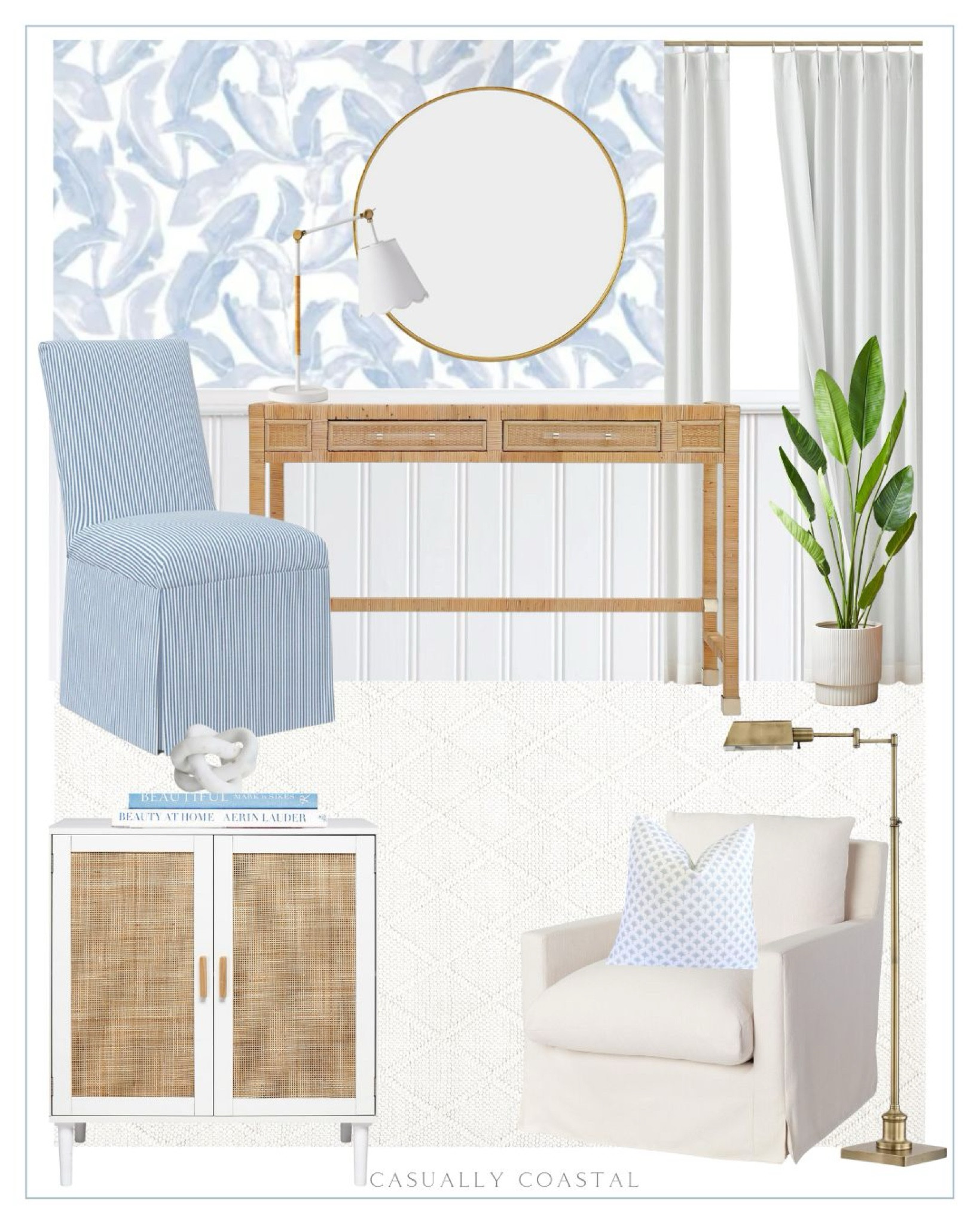 Ladies home office design. Several items currently on sale including the mirror, desk chair and desk lamp! 
------------------
home office decor, coastal home office, neutral home office, coastal decor, coastal style, coastal desk, rattan desk, Amazon desk, coastal wallpaper, blue and white wallpaper, banana palms blue wallpaper, coastal chair, desk chair, blue desk chair, round mirror, gold round mirror, coastal mirror, area rug, coastal rug, Amazon rug, home office rug, 8x10 rug, coastal 2 door cabinet, neutral cabinet, woven accent cabinet, amazon furniture, white marble chain knot, swivel chair, neutral chair, feather filled chair, living room accent chair, white slipcover chair, beach house decor, beach house furniture, brass floor lamp, target lighting, pharmacy swing arm floor lamp, target lamp, office lamp, Serena & lily lamp, larkspur task table lamp, coastal lamp, white linen pillow cover, faux potted bird of paradise plant, coastal plant, office plant, faux plants, round mirrors, brass mirrors, ballard designs mirror, 9x12 rugs, 5x8 rugs, white rugs, amazon accent cabinet

#LTKFindsUnder100 #LTKSaleAlert #LTKHome