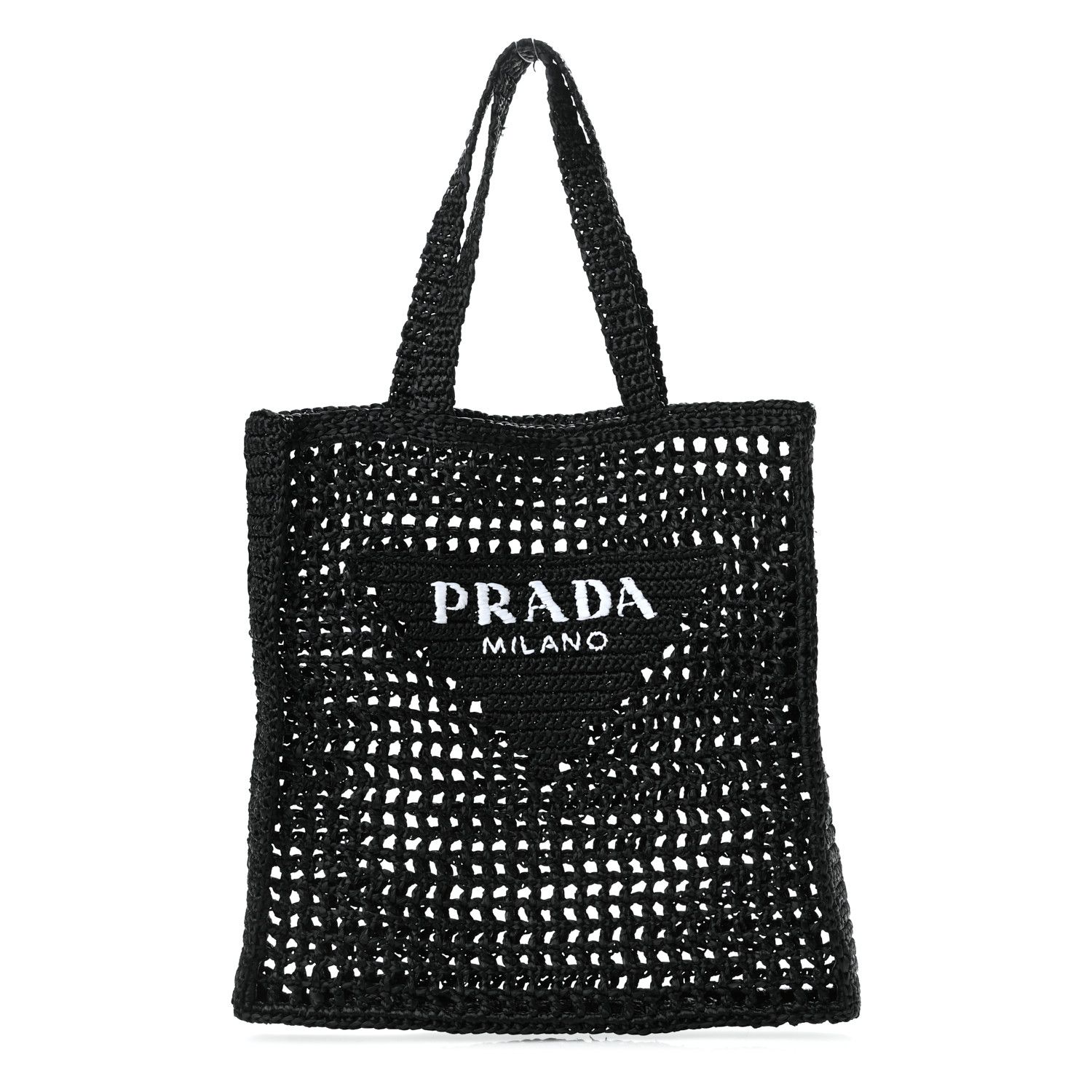PRADA Raffia Embroidered Logo Tote Bag Black | FASHIONPHILE | FASHIONPHILE (US)
