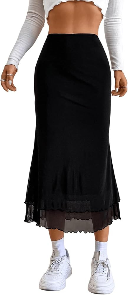 Verdusa Women's Lettuce Trim High Waist Mesh Fishtail Bodycon Long Skirt | Amazon (US)