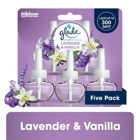Glade PlugIns Scented Oil 5 Refills, Air Freshener, Lavender & Vanilla Fragrance, Essential Oil Infused Wall Plug In, 3.35 FL oz, 5 Refills | Walmart (US)