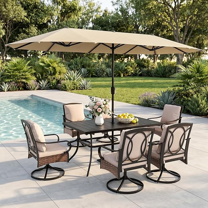 PHI VILLA Outdoor Dining Set for 6, All-Weather Patio Table and Chairs Set with Umbrella for 6, H... | Amazon (US)