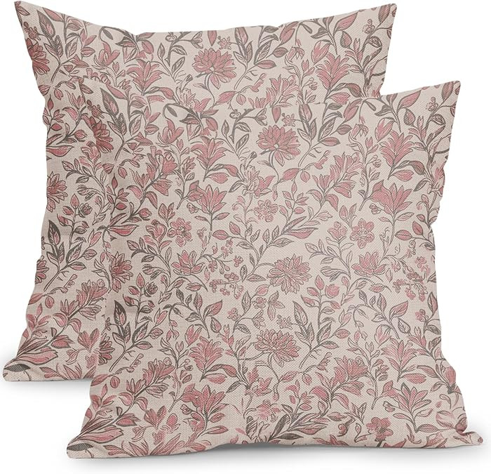 Vintage Floral Pillow Covers 18x18 Inch Set of 2 Antique Flower Block Print Pillowcases Pink Gray... | Amazon (CA)