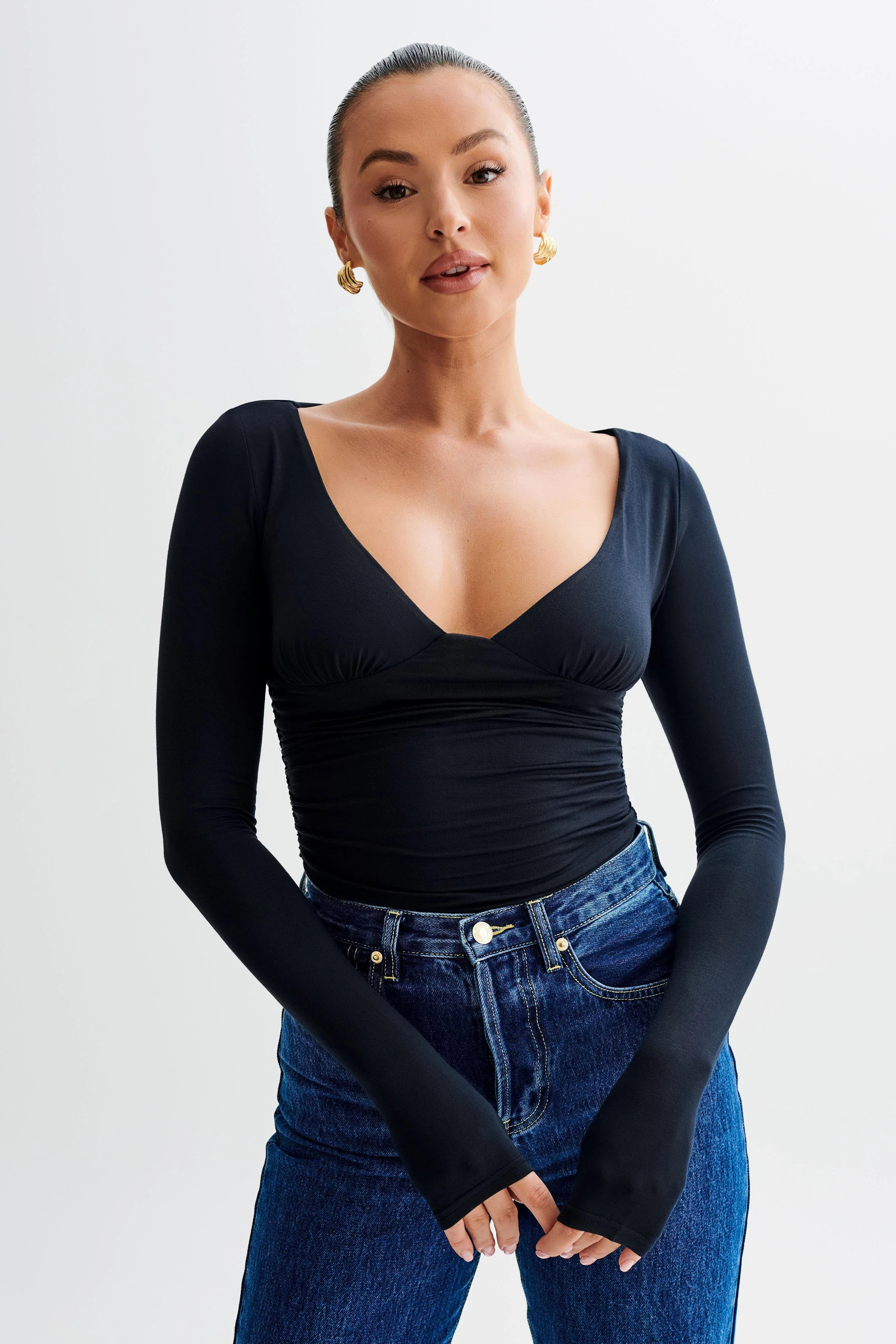 Sutton Ruched Long Sleeve Top - Black | MESHKI US