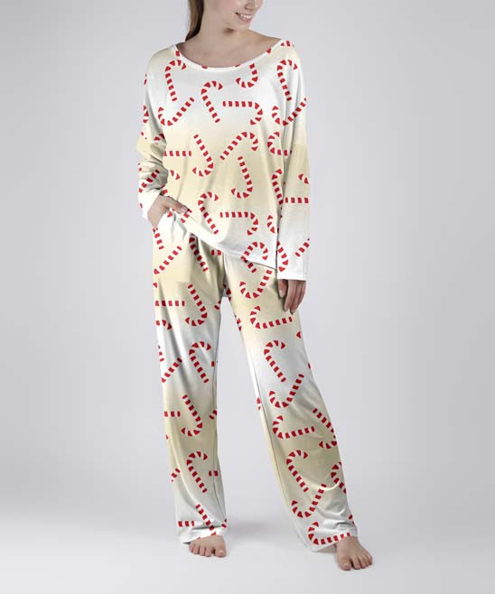 Beyond This Plane Women's Casual Pants CRM - Cream & Red Candy Cane Long-Sleeve Tee & Pocket Lounge  | Zulily