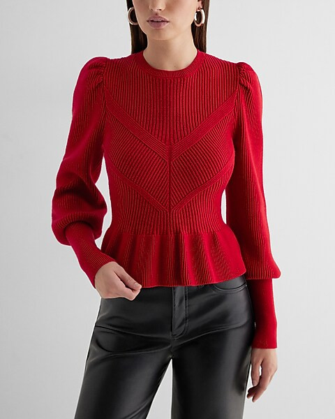 Ribbed Crew Neck Puff Sleeve Peplum Sweater | Express