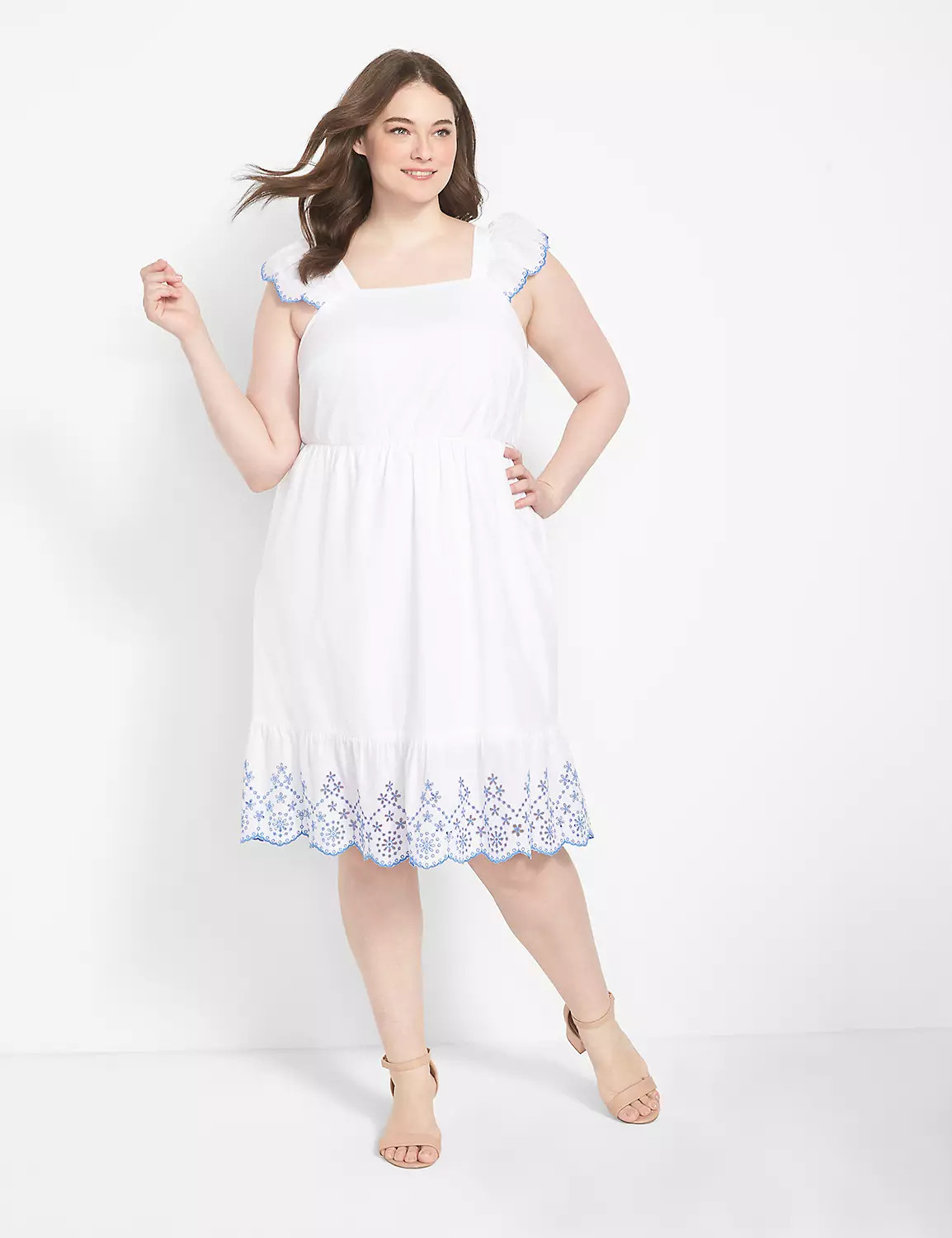 Short Flutter-Sleeve Square-Neck Embroidered Dress | LaneBryant | Lane Bryant (US)