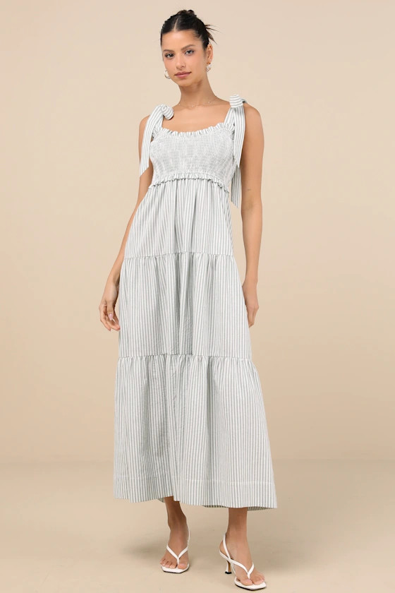 Bembe Sage Striped Tie-Strap Tiered Maxi Dress | Lulus