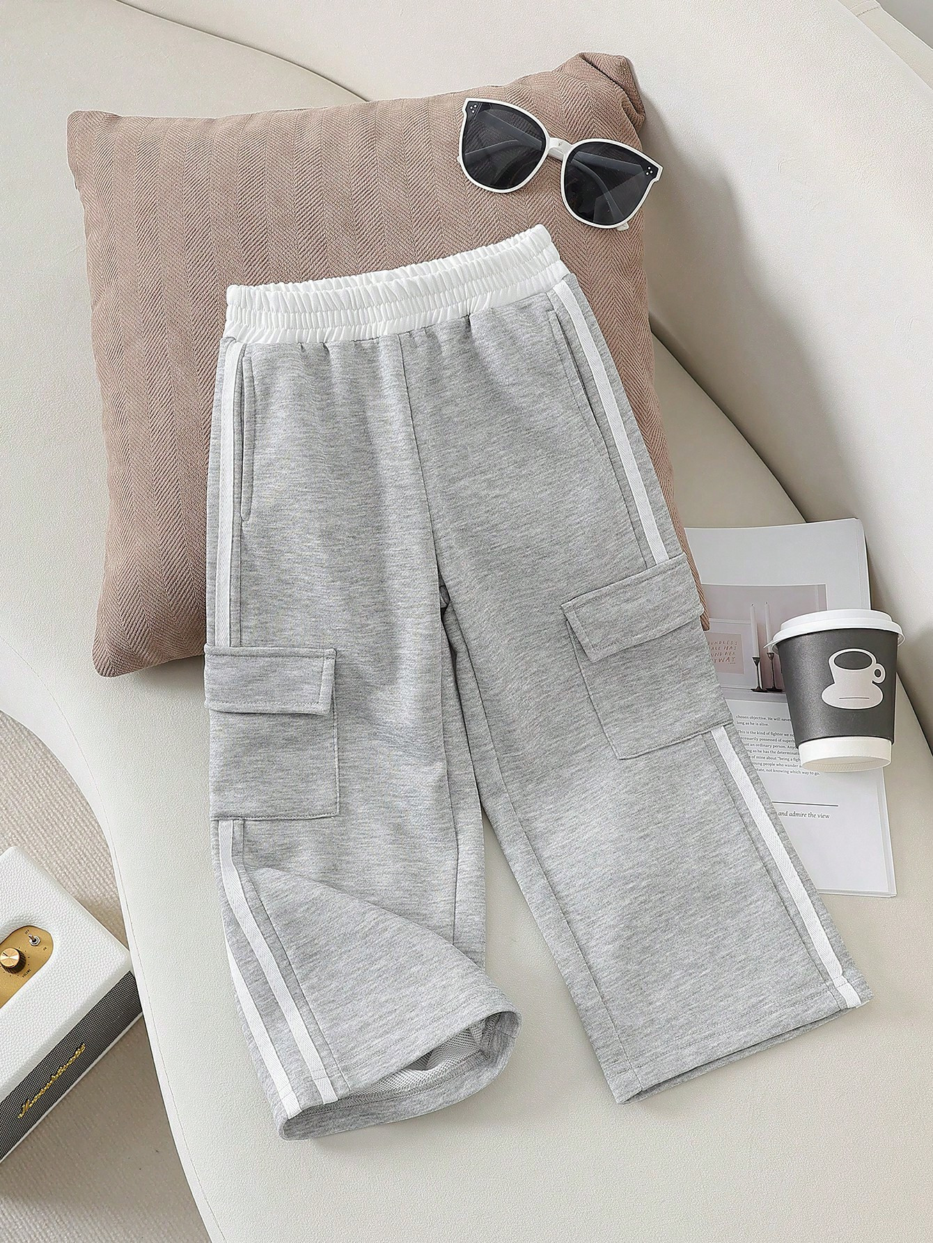 TrendsSHEIN Girls' 2024 New Stylish Knitted Plain Flip Pocket Side Striped Cargo Pants, Single Sh... | SHEIN
