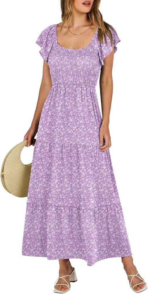 ANRABESS Women’s 2024 Summer Casual Maxi Dress Flutter Sleeve Scoop Neck Smocked Tiered A Line ... | Amazon (US)