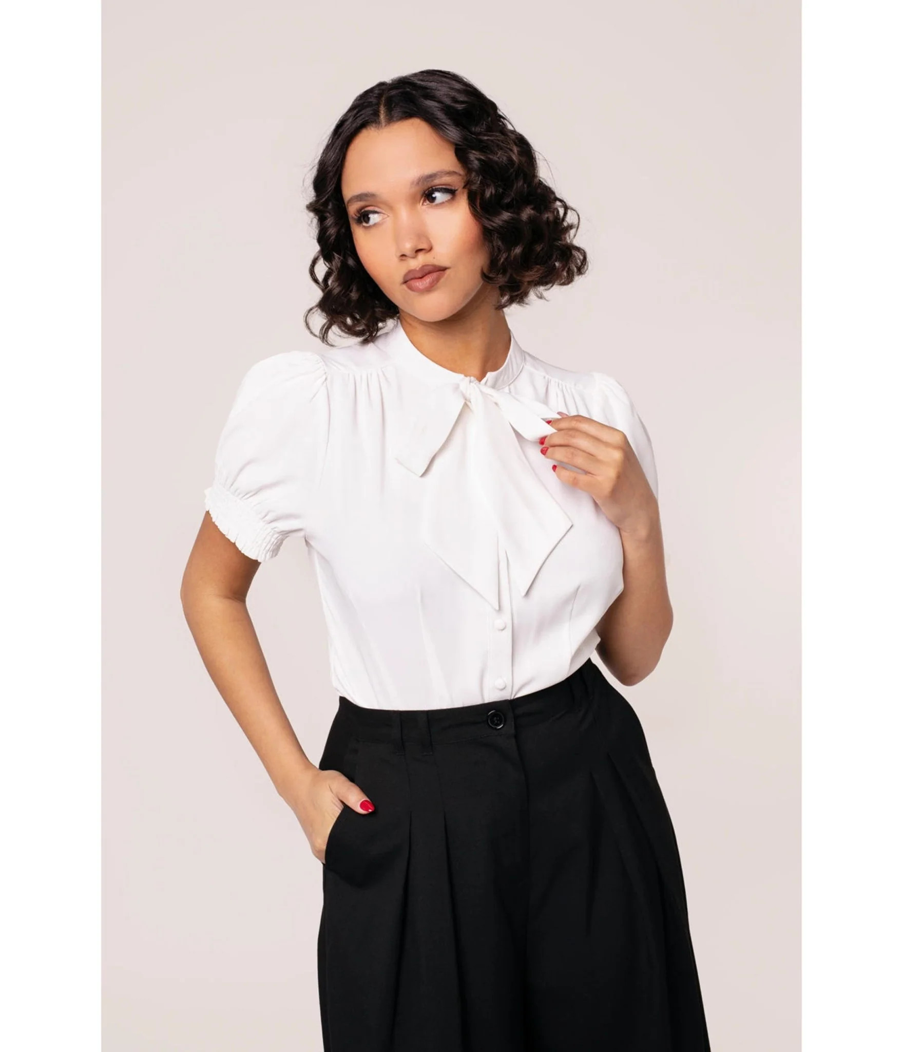 Hell Bunny White Turner Bow Blouse | Unique Vintage - North America