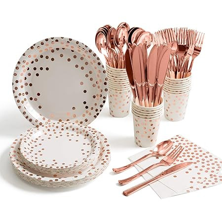 White & Rose Gold Party Supplies - 350 PCS Disposable Dinnerware Set White Paper Plates Napkins C... | Amazon (US)