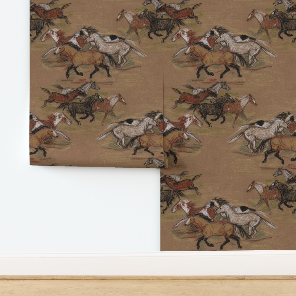 Wild Horse Herd 2 in Crayon on Brown Paper Wallpaper | Spoonflower | Spoonflower