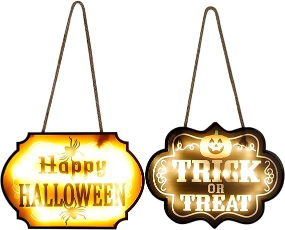 Glory Island 2 Pack Halloween Signs Lighted Trick or Treat Happy Halloween Decoration, Hanging We... | Amazon (US)