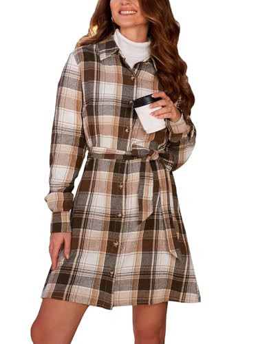 CUPSHE Women Plaid Shirt Dress Long Sleeve Mini Fall Dresses Beige, S | Amazon (US)
