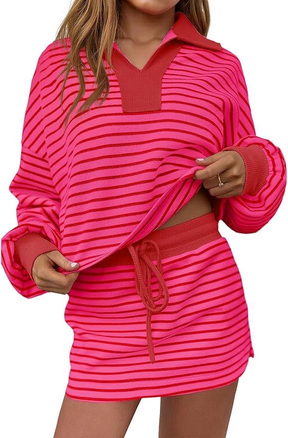 Fisoew Womens Striped 2 Piece Outfits Casual Sweatshirt Skirt Set Long Sleeve Skort Workout Set M... | Amazon (US)
