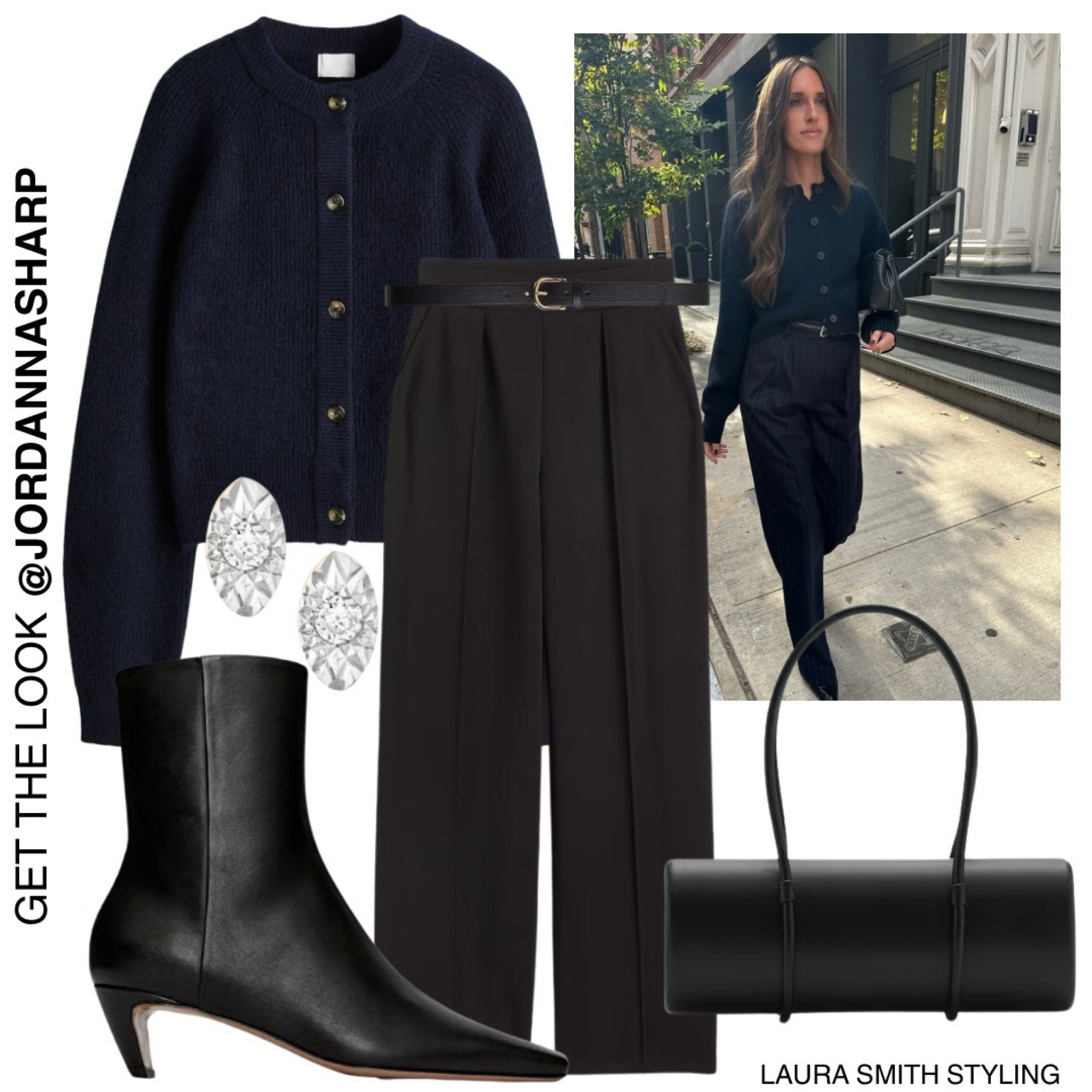 A staple look - black + navy. 

Including navy knit cardigan, black tailored trousers, heeled ankle boots, marquise diamond stud earrings, black handbag, black belt  

#LTKuk #LTKwinter #LTKstyletip