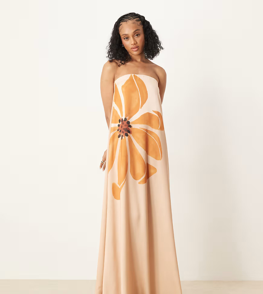 ASOS DESIGN Tall bandeau trapeze satin maxi dress in yellow floral print-Multi | ASOS (Global)
