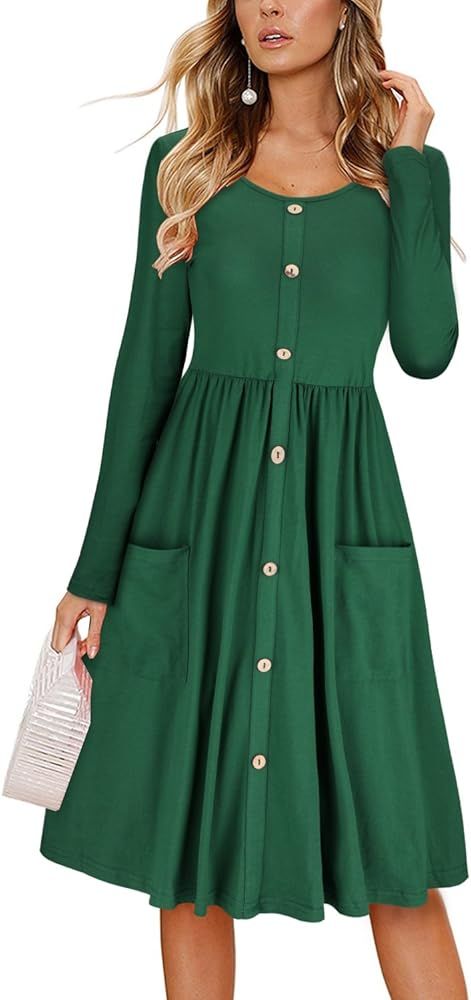 Women's Long Sleeve Dresses Casual Button Down Midi Dress with Pockets | Amazon (US)