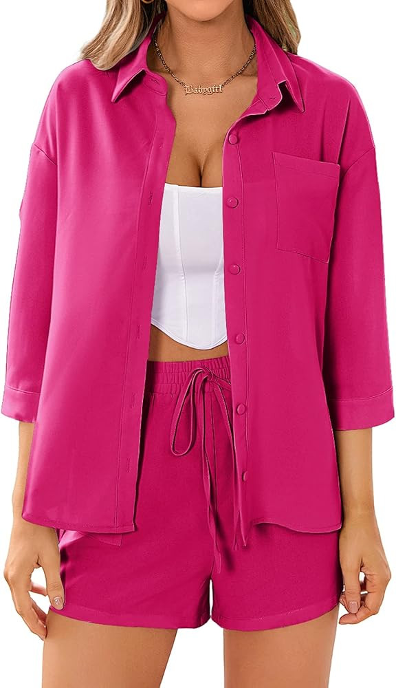 MakeMeChic Women's Casual 2 Piece Outfits Long Sleeve Button Down Shirt and Shorts Set | Amazon (US)