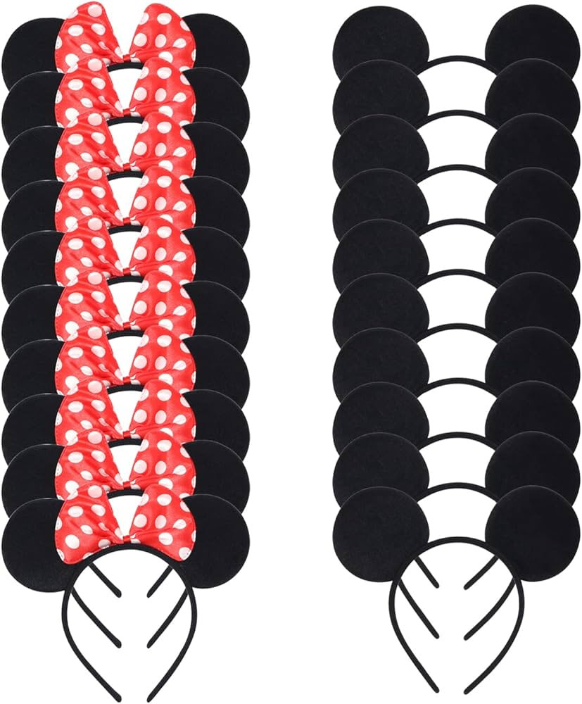 20 Pack Mouse Ears Solid Black and Red Bow Headband for Mouse Themed Birthday Party Supplies | Amazon (US)